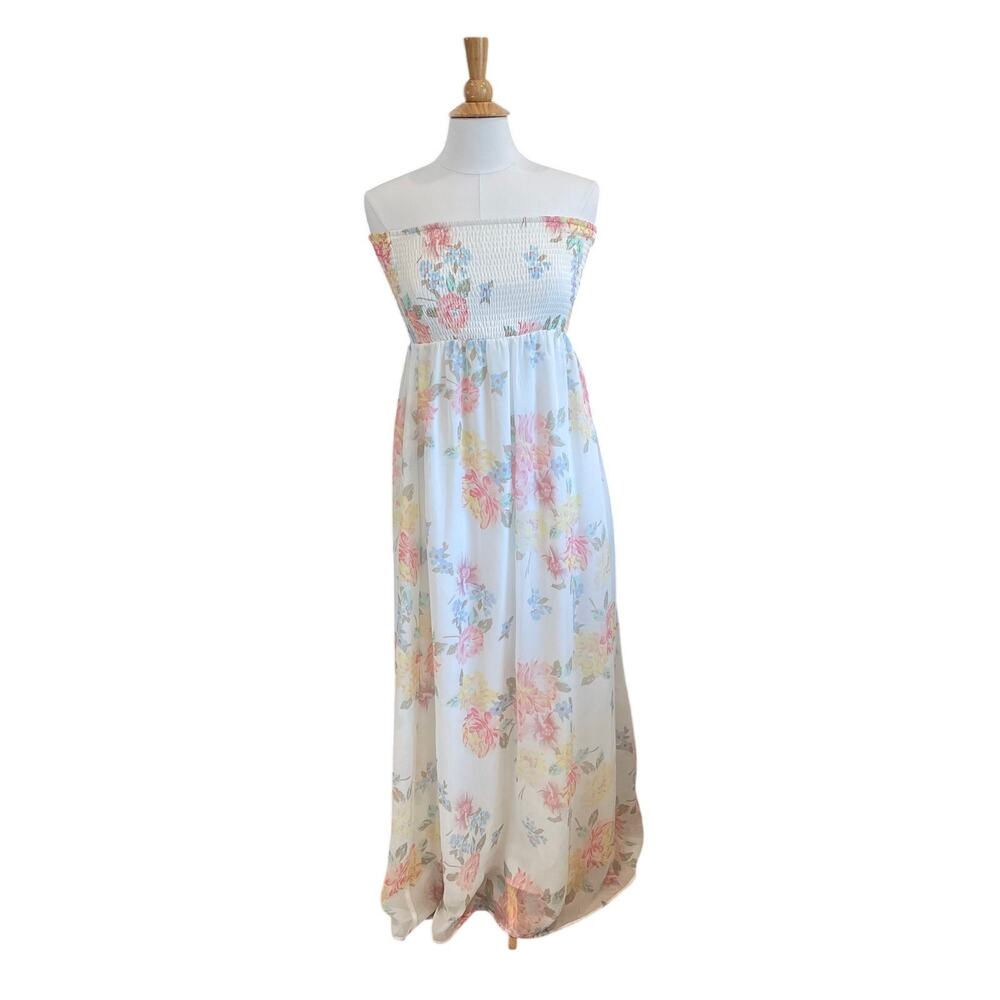 Old Navy Pastel Floral Smocked Bandeau Strapless Maxi Dress, Size M